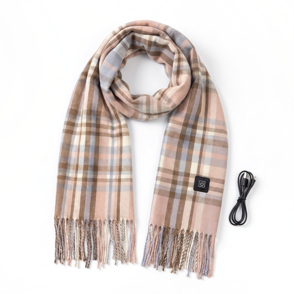 Pink tartan USB heated scarf with fringe and heat button