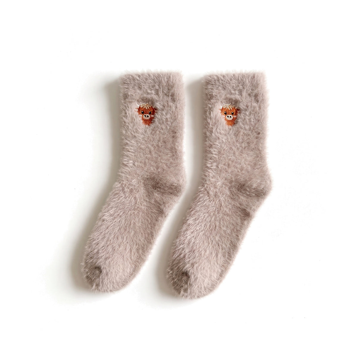 Taupe fuzzy crew socks with Highland cow embroidery