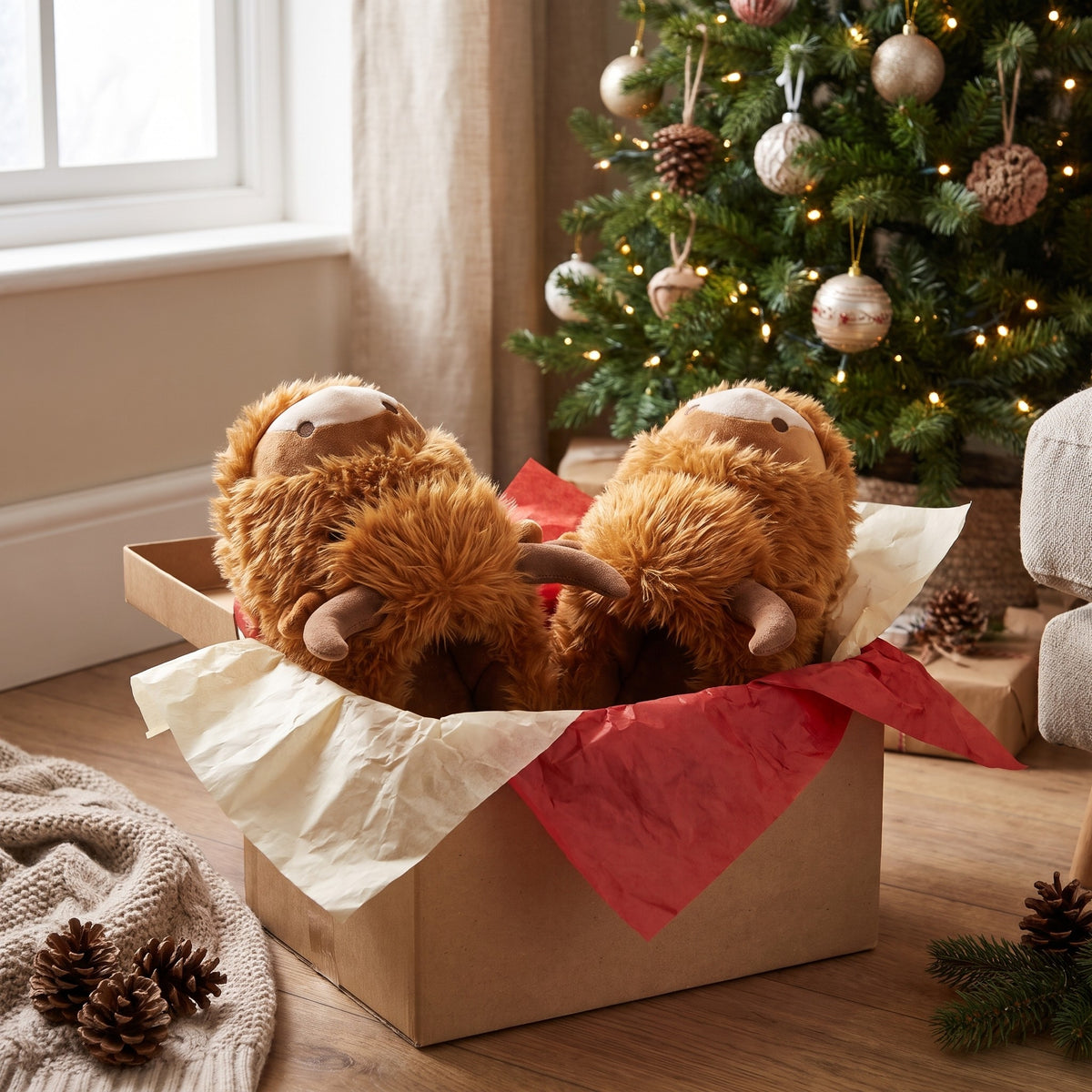 Highland cow slippers in a gift box under a Christmas tree