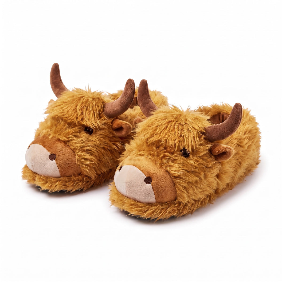 Light brown highland cow novelty slippers with soft horns