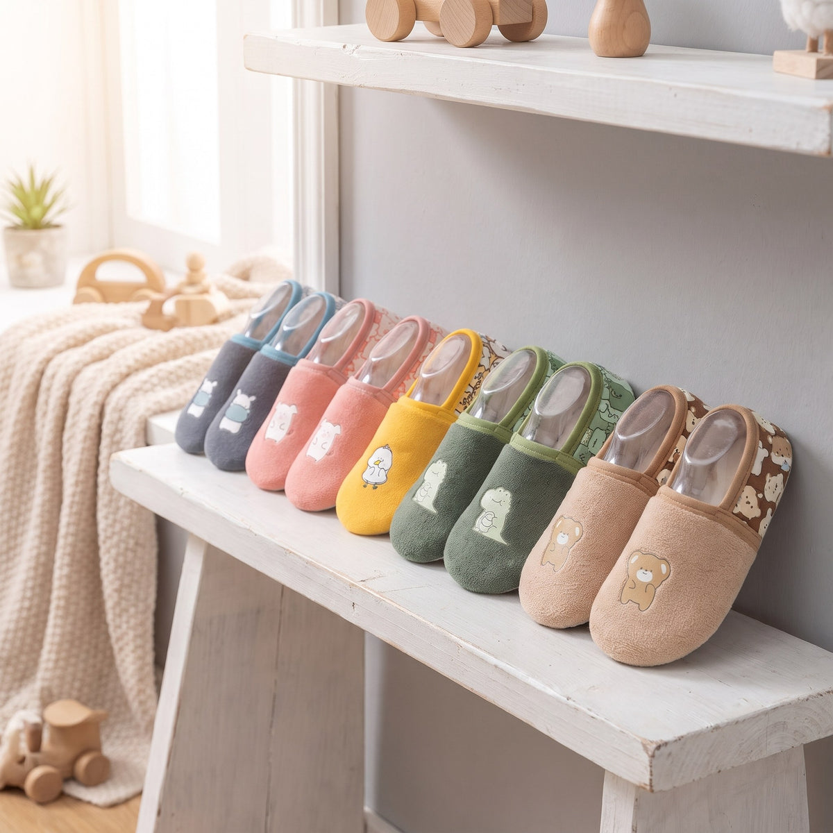 Kids animal slippers in navy, pink, yellow, green and beige on a shelf