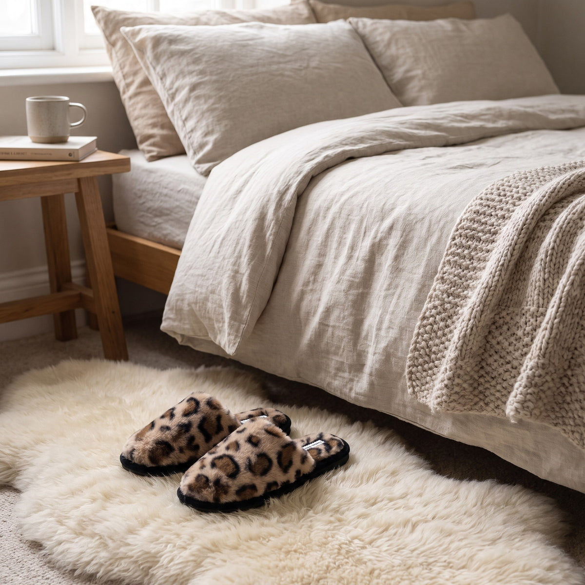 Leopard print fluffy slippers on a sheepskin rug beside a linen bed