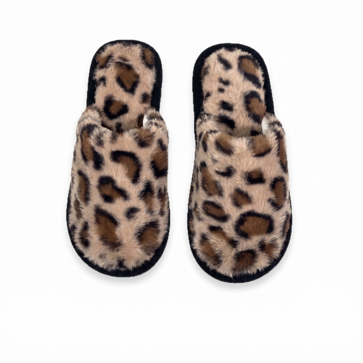 Women's fluffy leopard print mule slippers with memory foam footbed