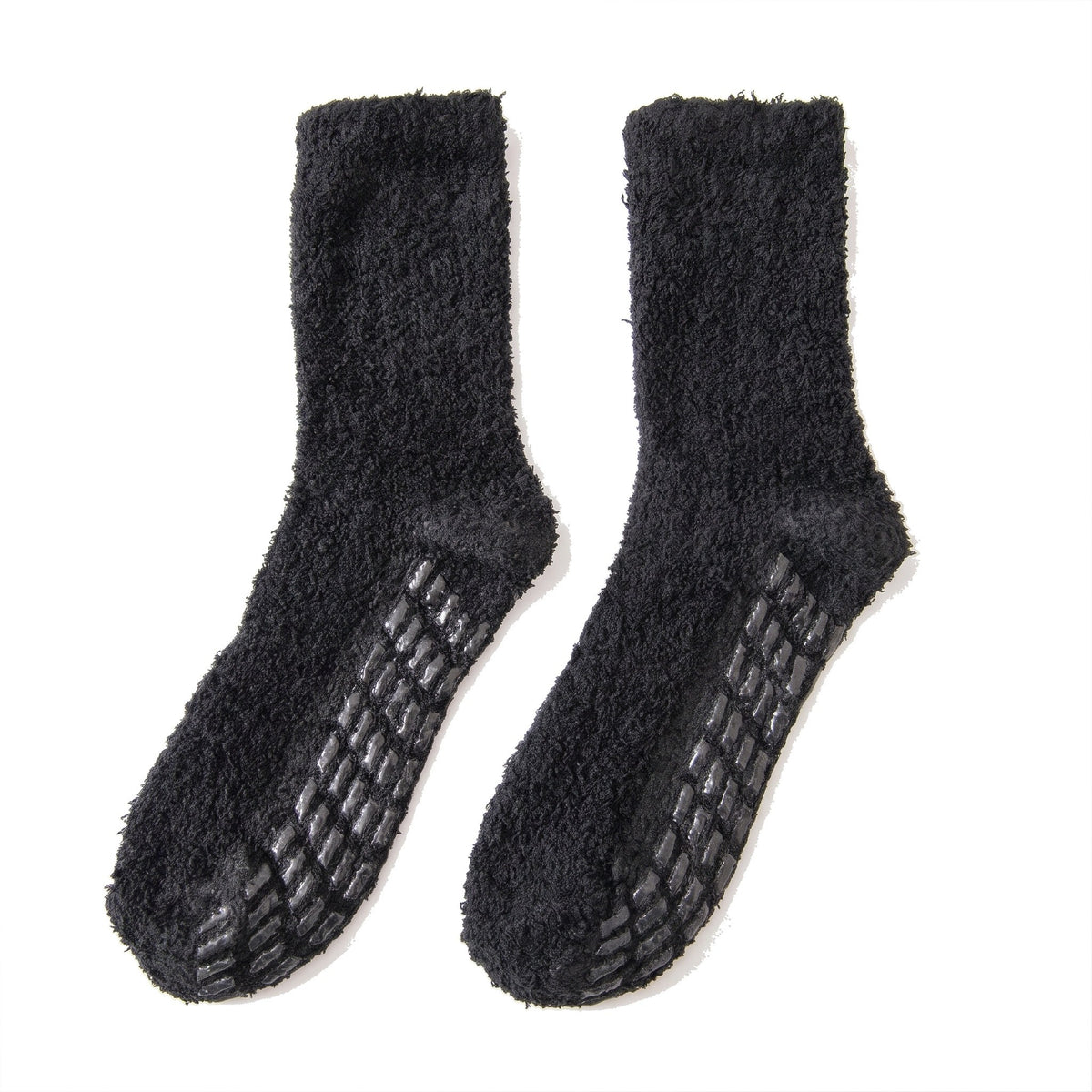 Black men's fluffy slipper socks with non slip grippers