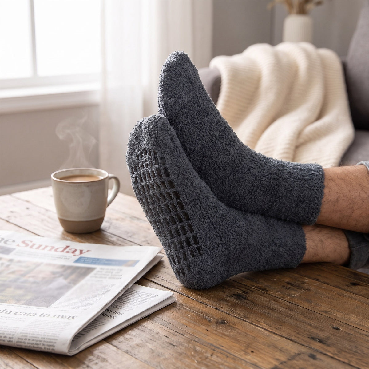 Man's feet in dark grey fluffy slipper socks on a coffee table with a newspaper
