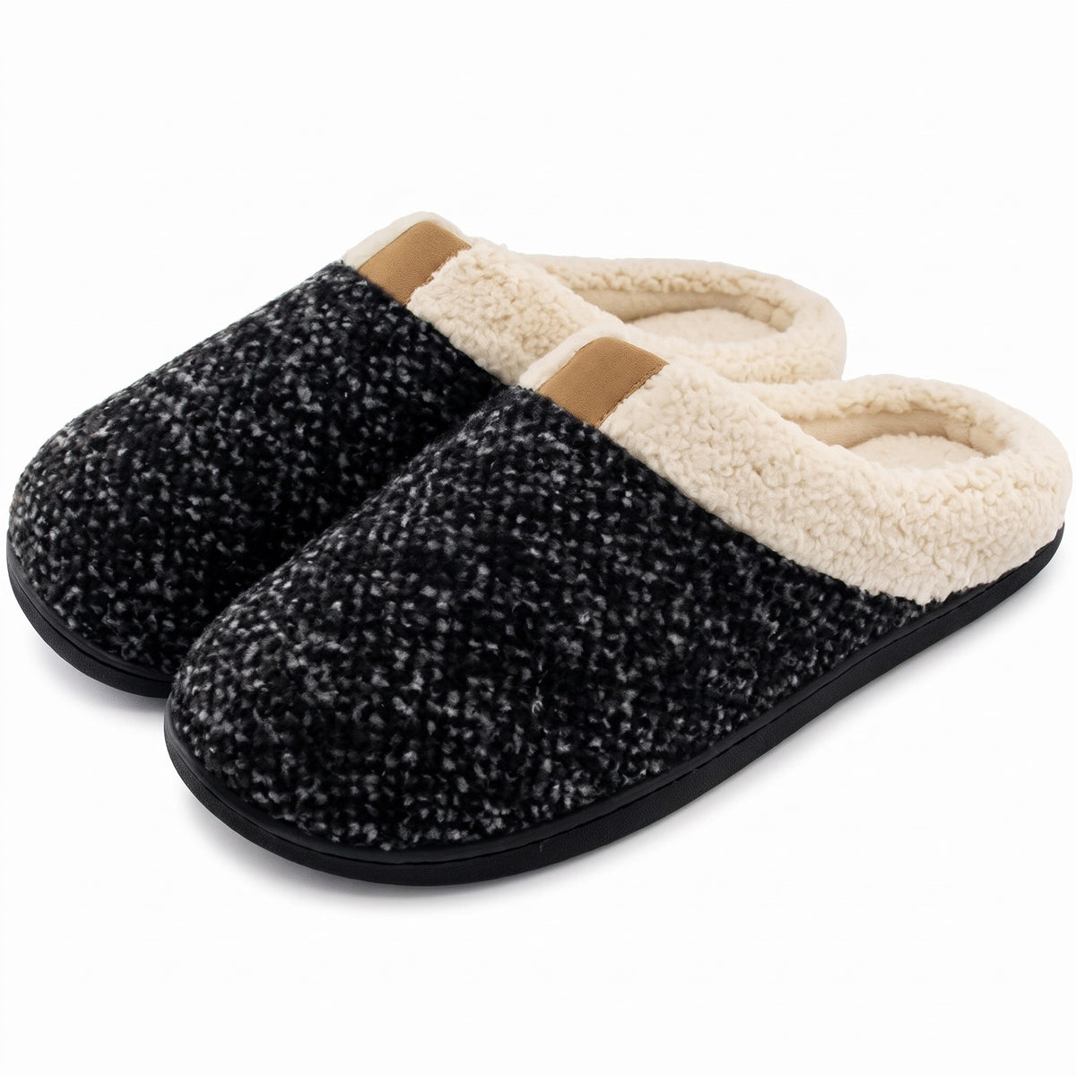 Men's black marl knit memory foam slippers with sherpa collar