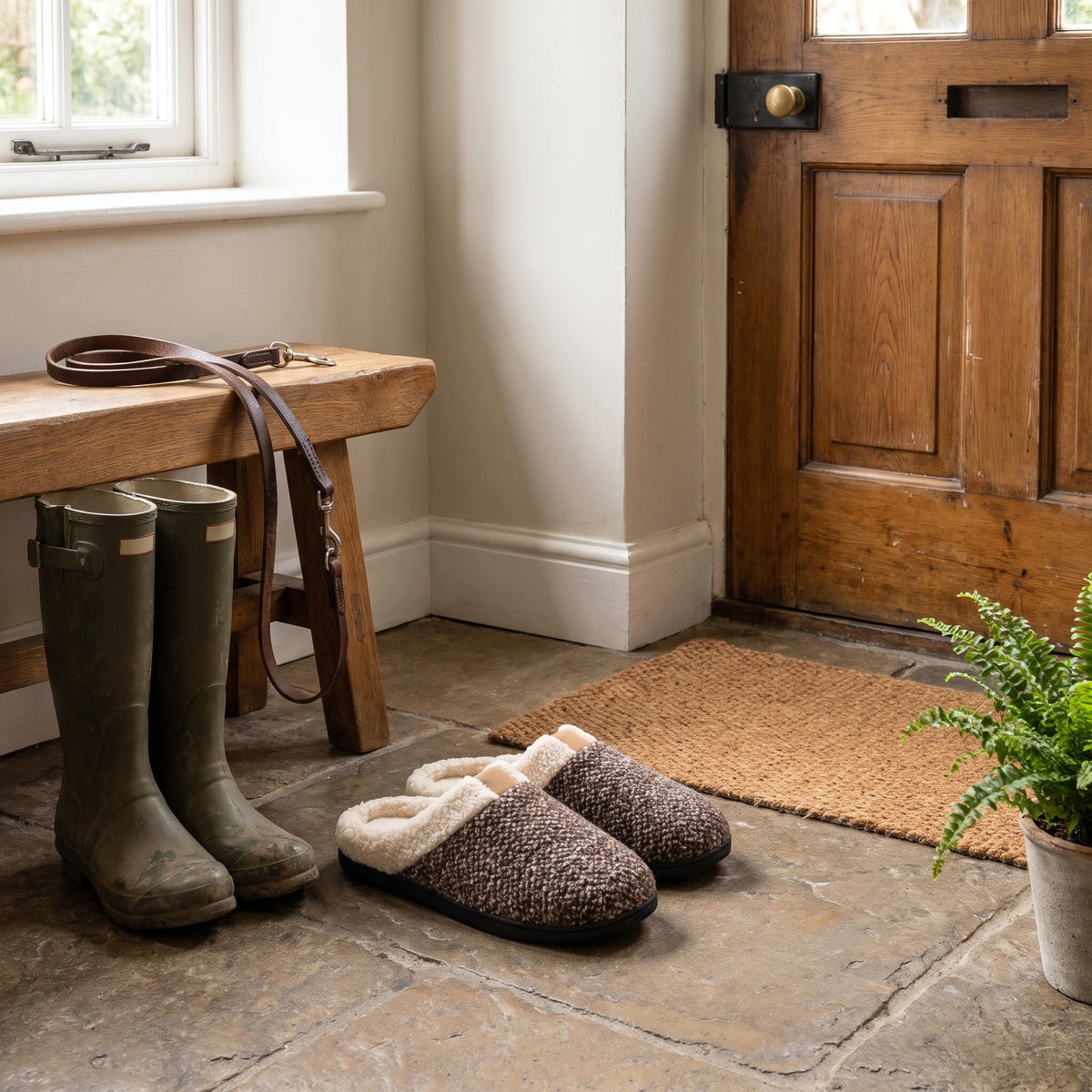 Men's memory foam slippers by the front door next to wellies