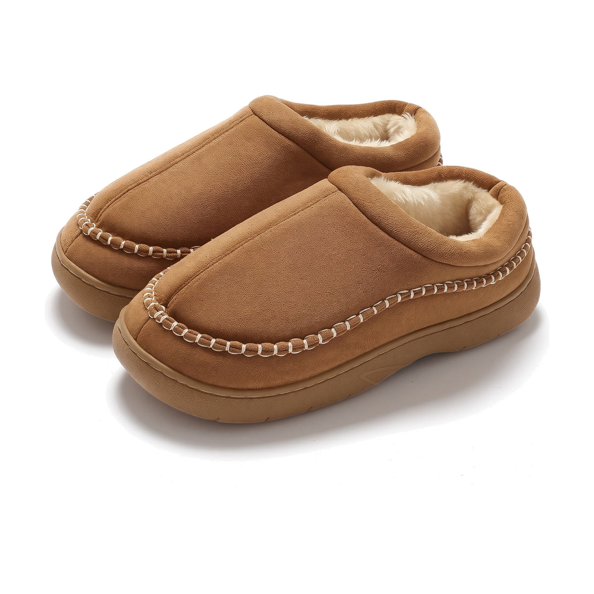 Tan brown mens moccasin clog slippers with cream stitching and fleece lining