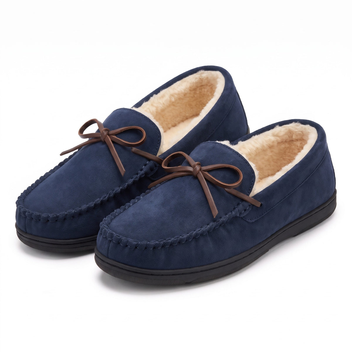 Men's navy faux suede moccasin slippers with fleece lining and bow lace