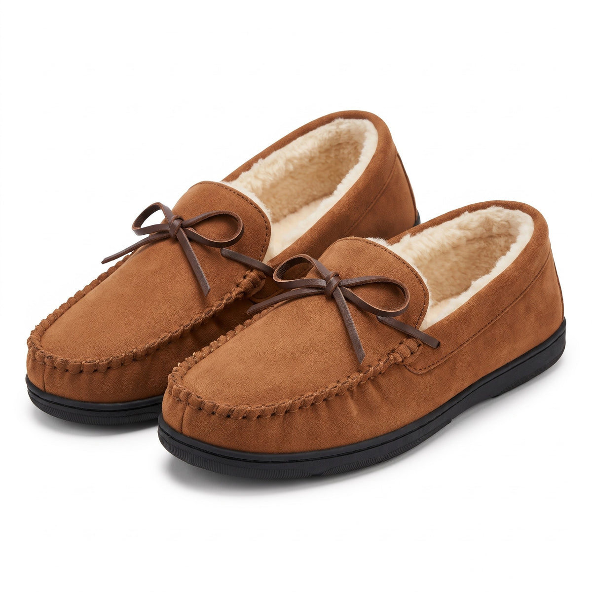 Men's tan faux suede moccasin slippers with fleece lining and bow lace