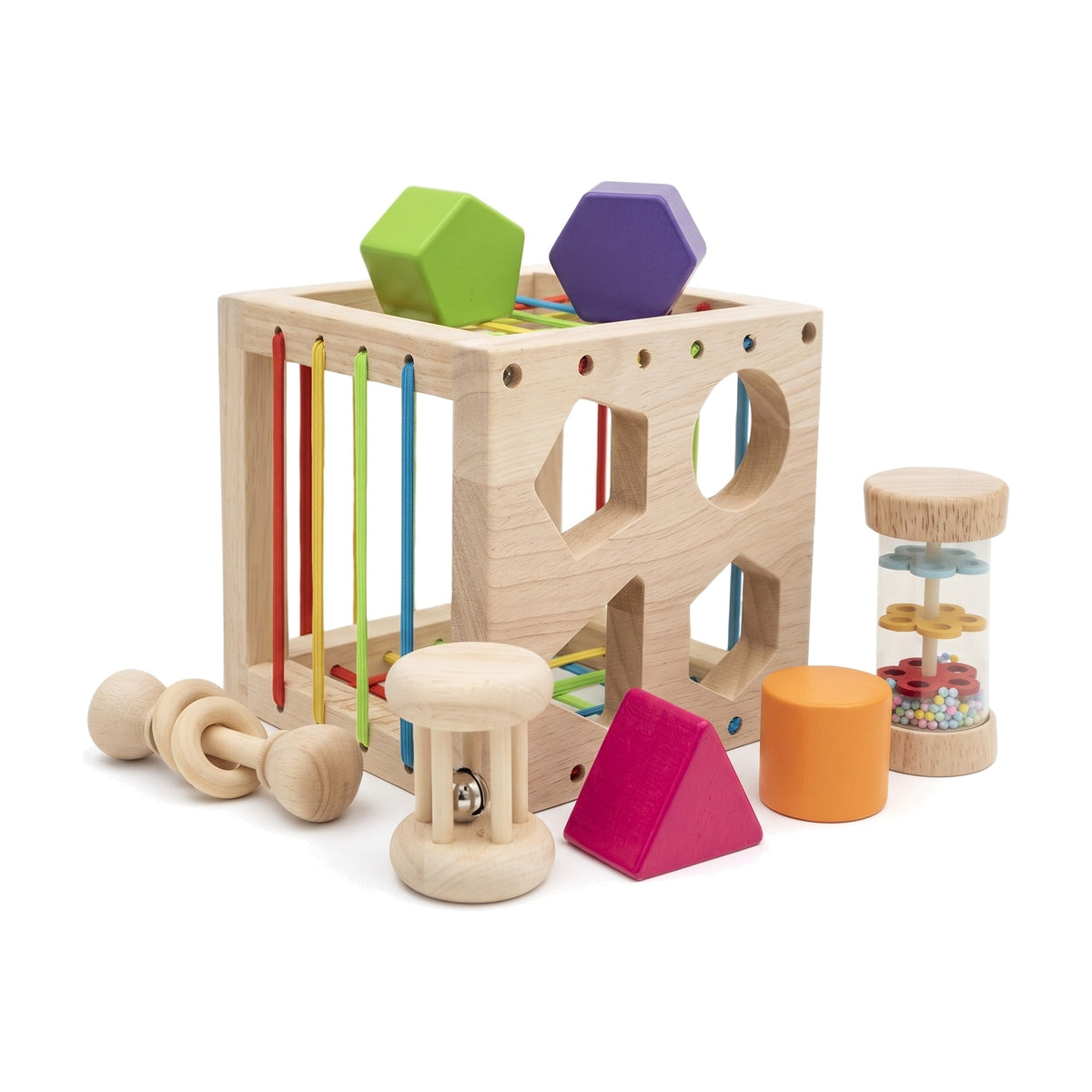 Wooden Montessori shape sorter cube with rainbow pull cords, shape blocks, rattles and rainmaker