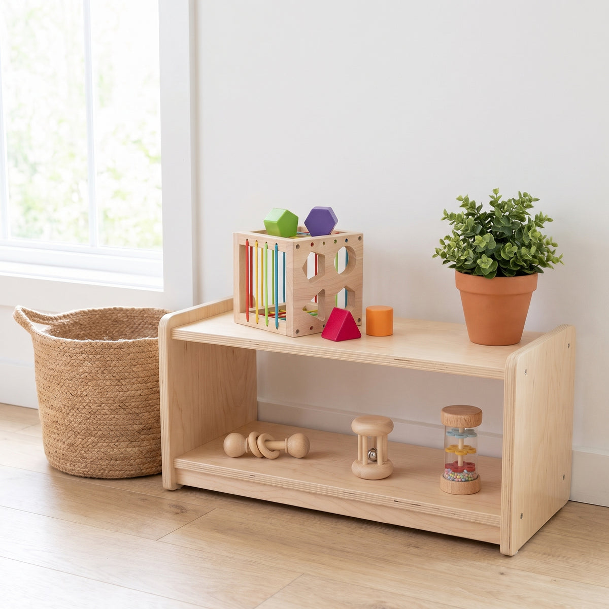 Wooden baby sensory toy set displayed on a Montessori shelf
