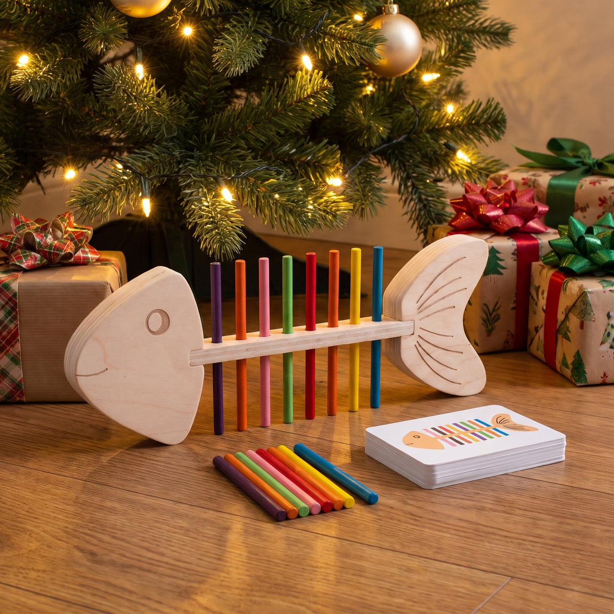 Wooden fishbone matching game under a Christmas tree as a gift