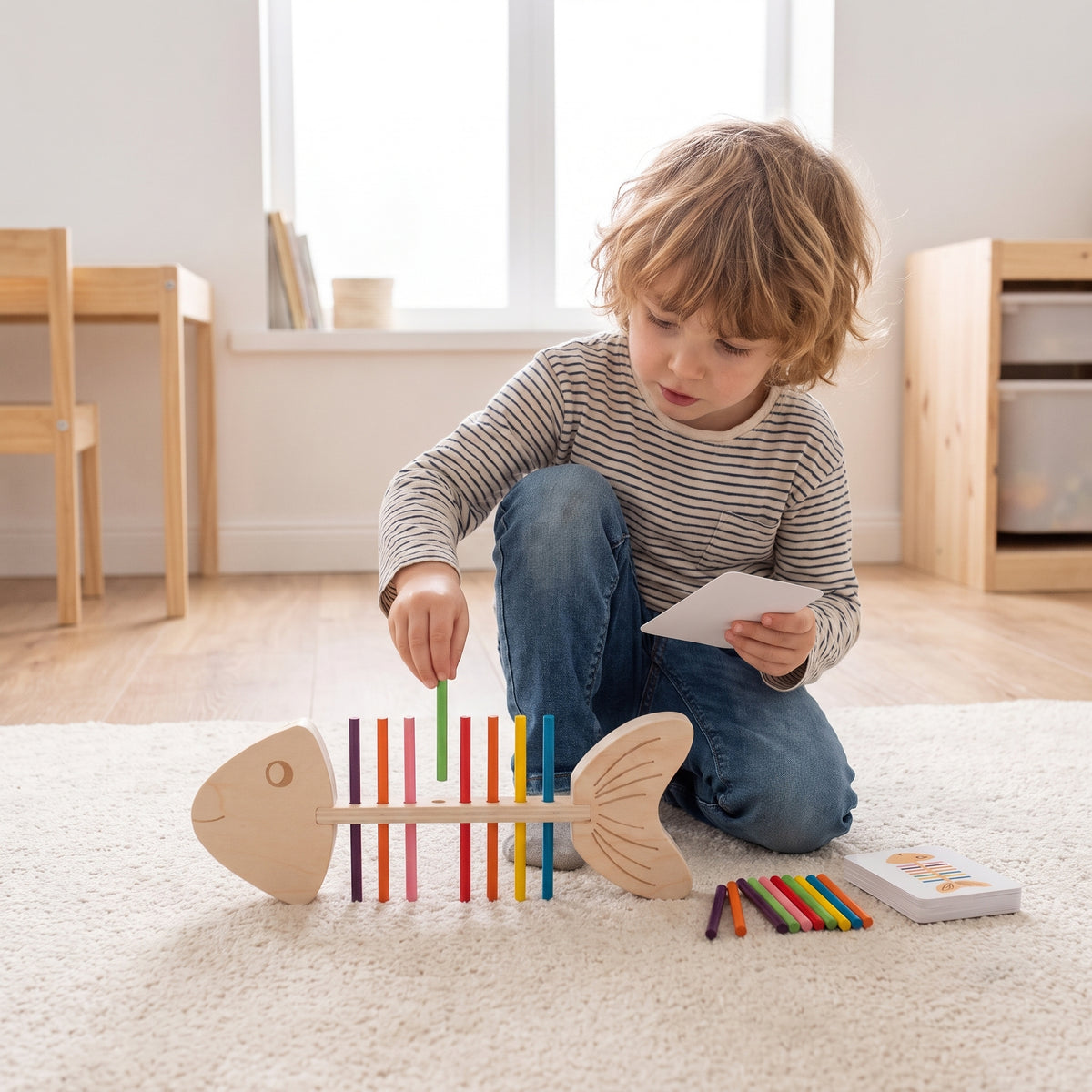 Child pushing coloured sticks into a wooden fishbone matching board
