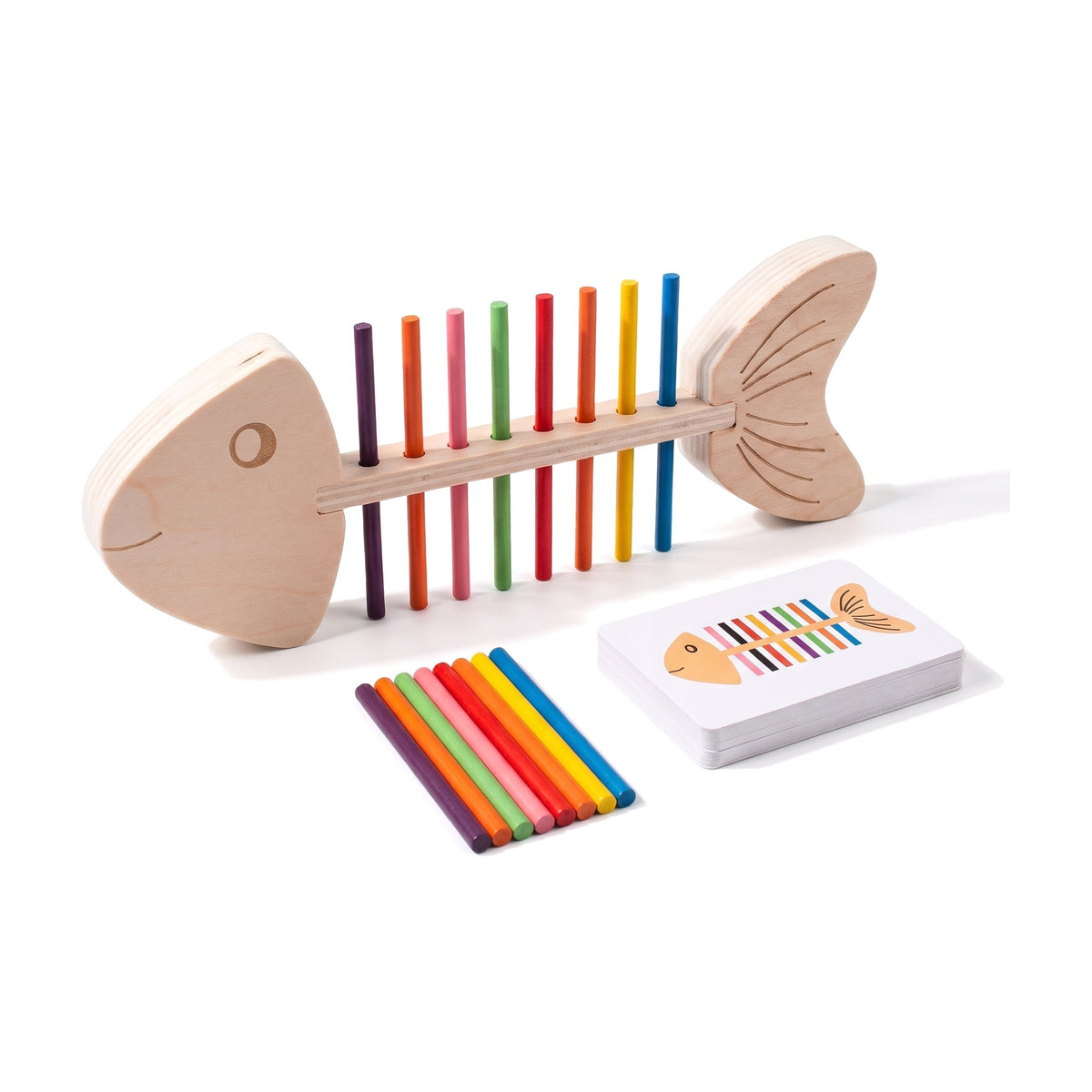Wooden fishbone colour matching toy with coloured sticks and pattern cards
