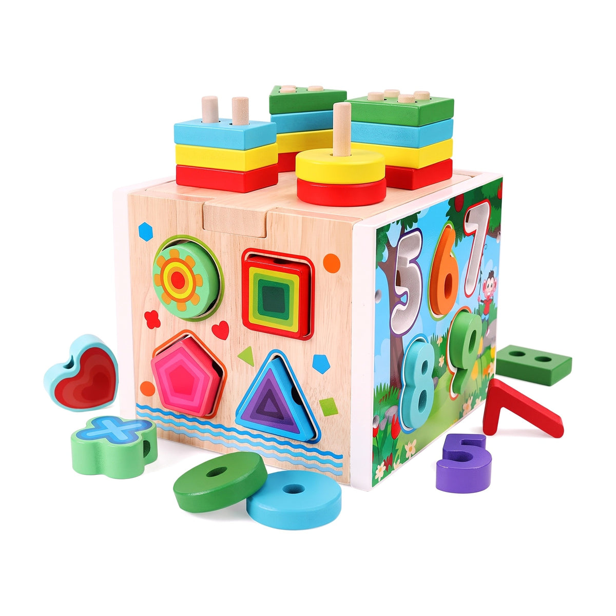 Wooden activity cube shape sorter with stacking pegs, number pieces and threading shapes