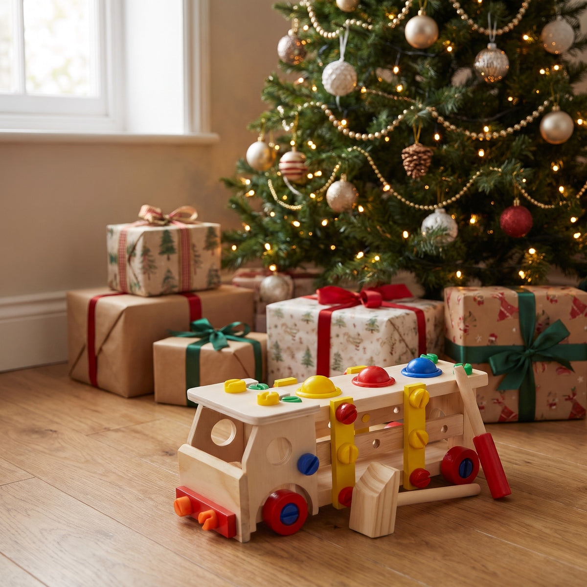 Wooden screw car toy beside a Christmas tree and wrapped presents