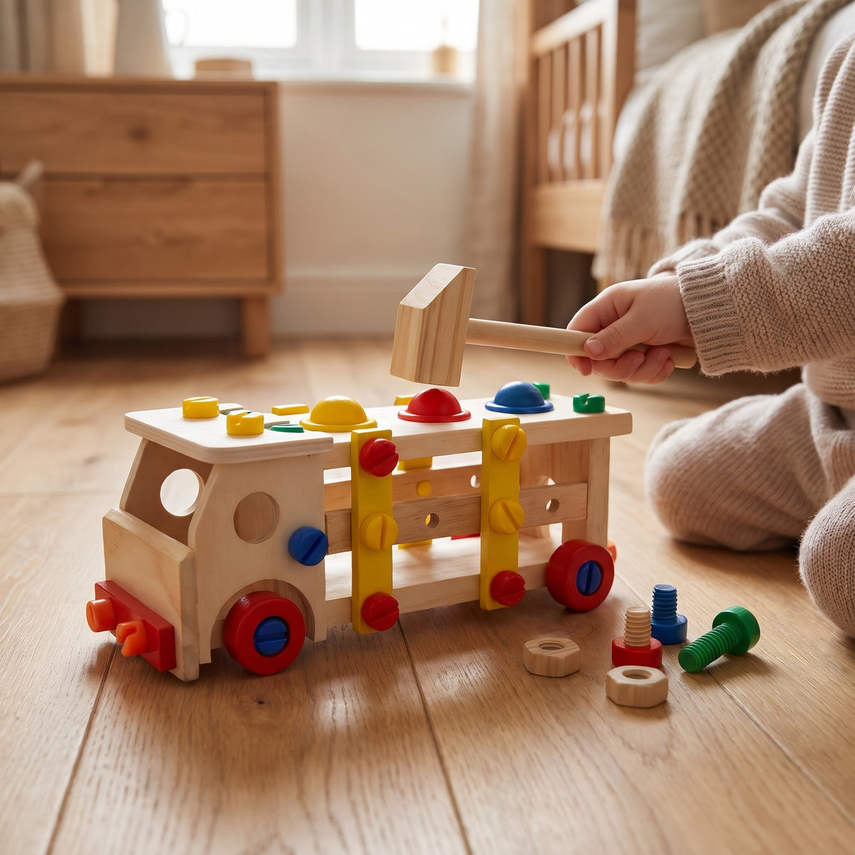 Child tapping the coloured pegs on the wooden screw car with the mallet