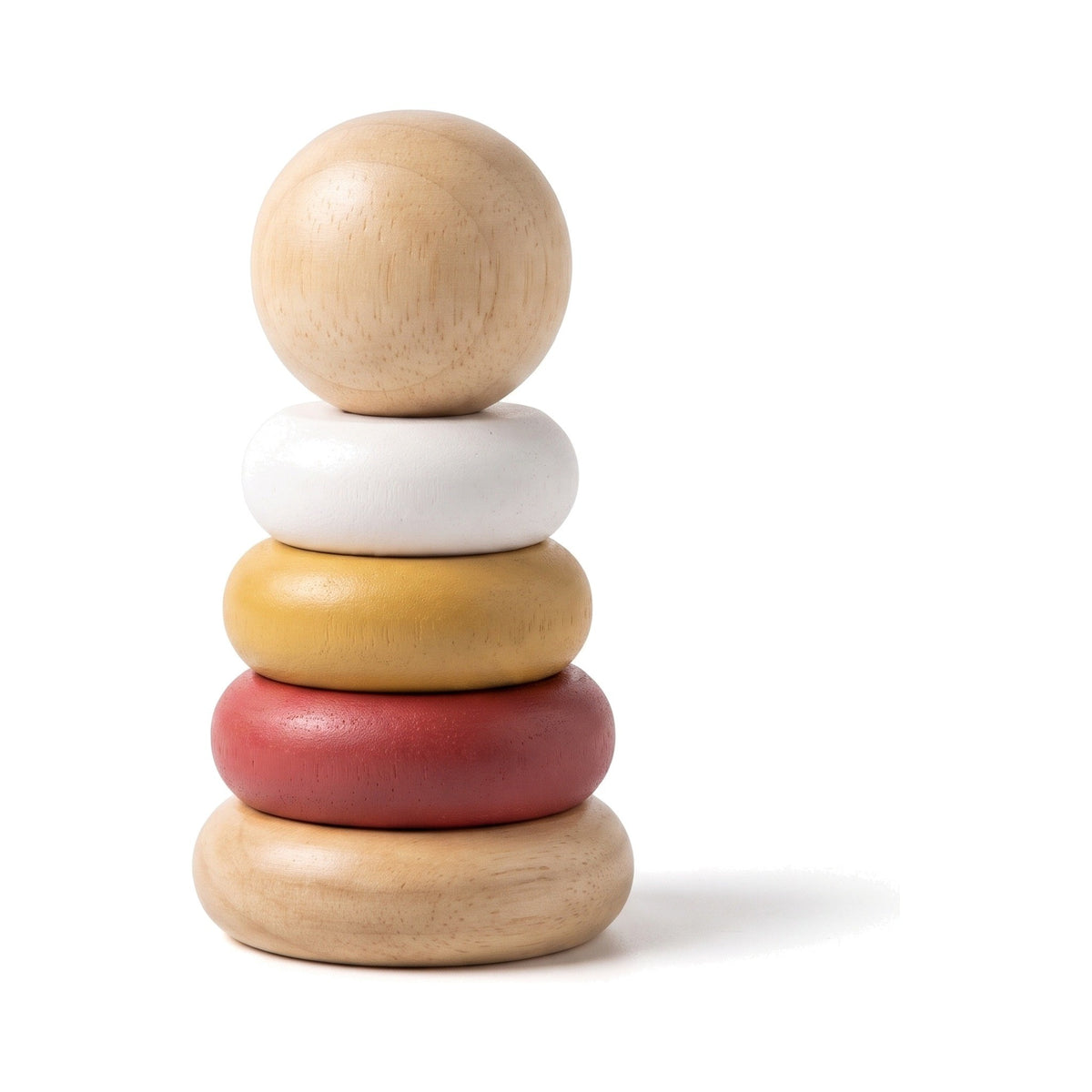Wooden ring stacker with white, mustard and red rings and a wooden ball top