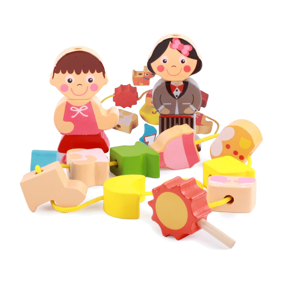 Dress up wooden threading beads with two characters, clothes pieces and lace