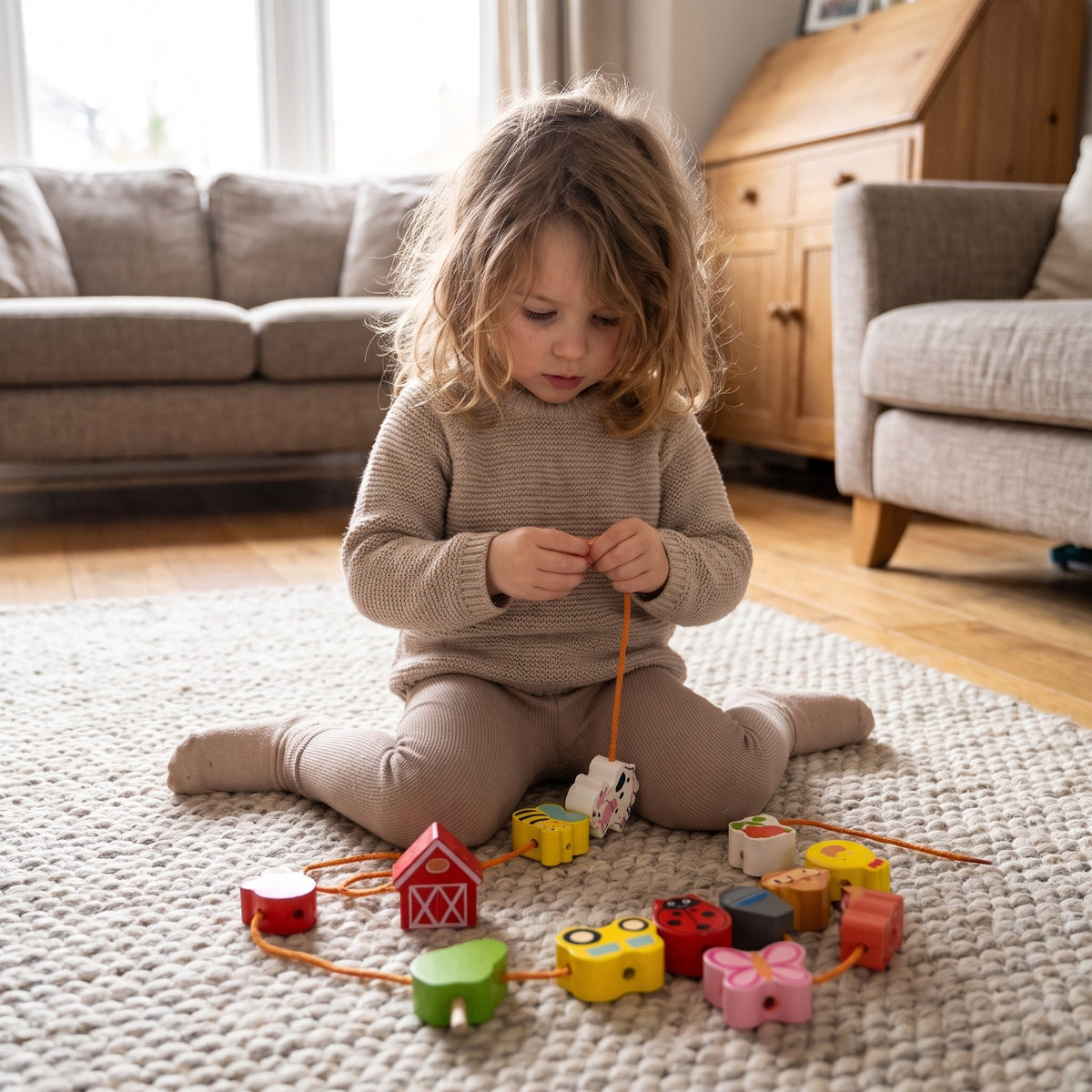 Girl threading wooden farm animal beads onto an orange lace on a rug