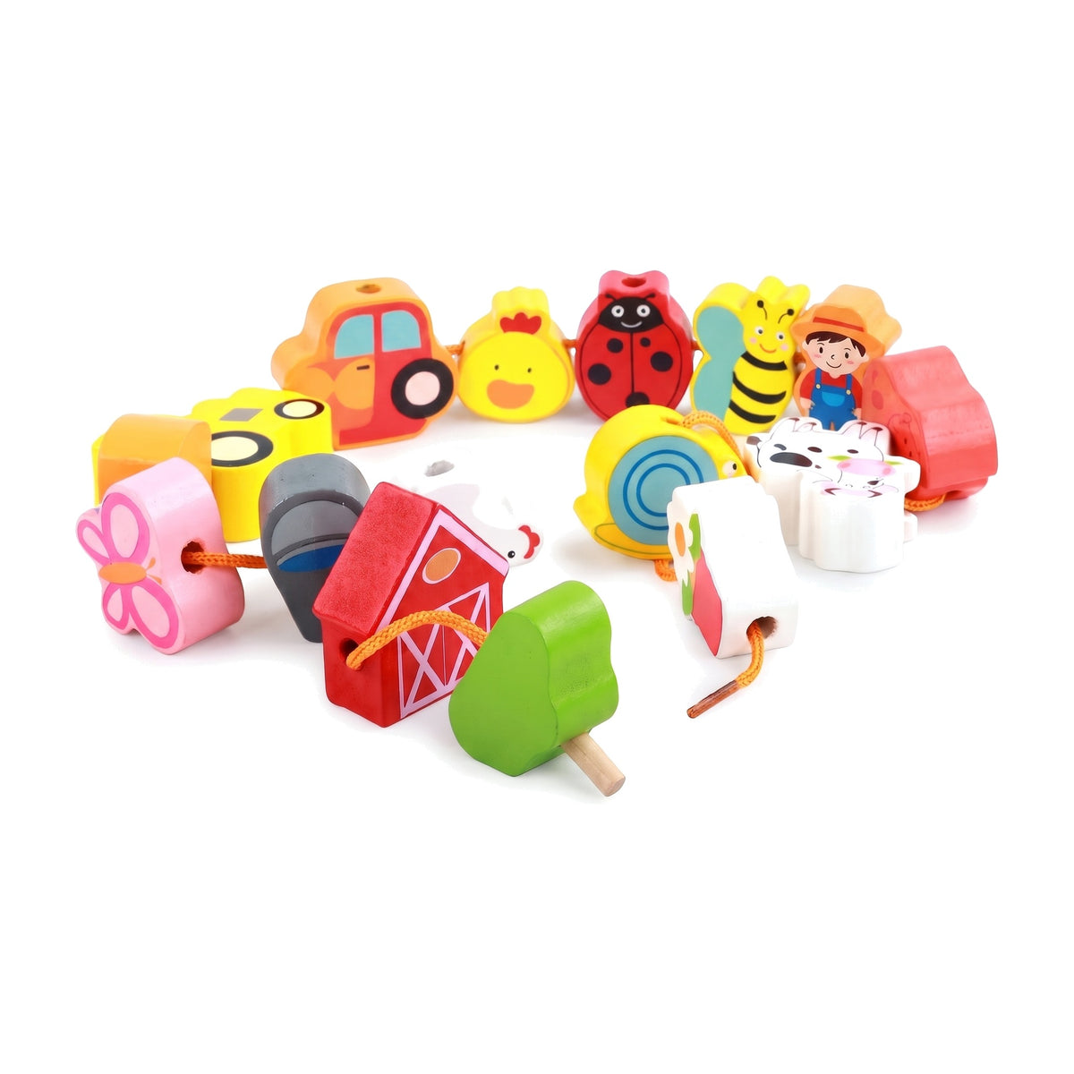 Farm wooden threading beads with tractor, animals, barn and orange lace