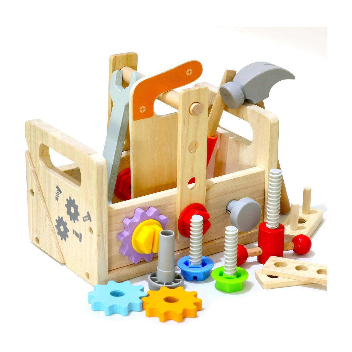Wooden tool box set with tools, bolts, nuts, gears and wooden strips laid out
