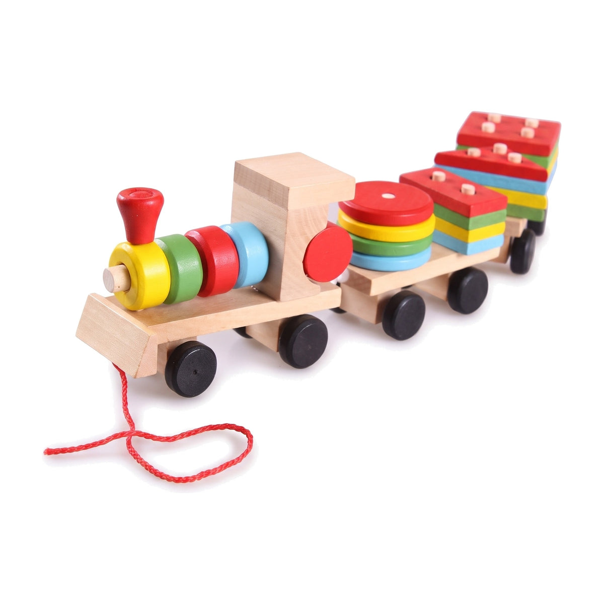 Front view of the wooden shape sorting train with its rainbow ring locomotive and red pull string