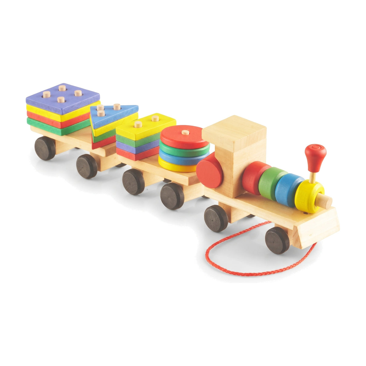 Wooden pull along train with two carriages carrying four stacks of coloured shape blocks