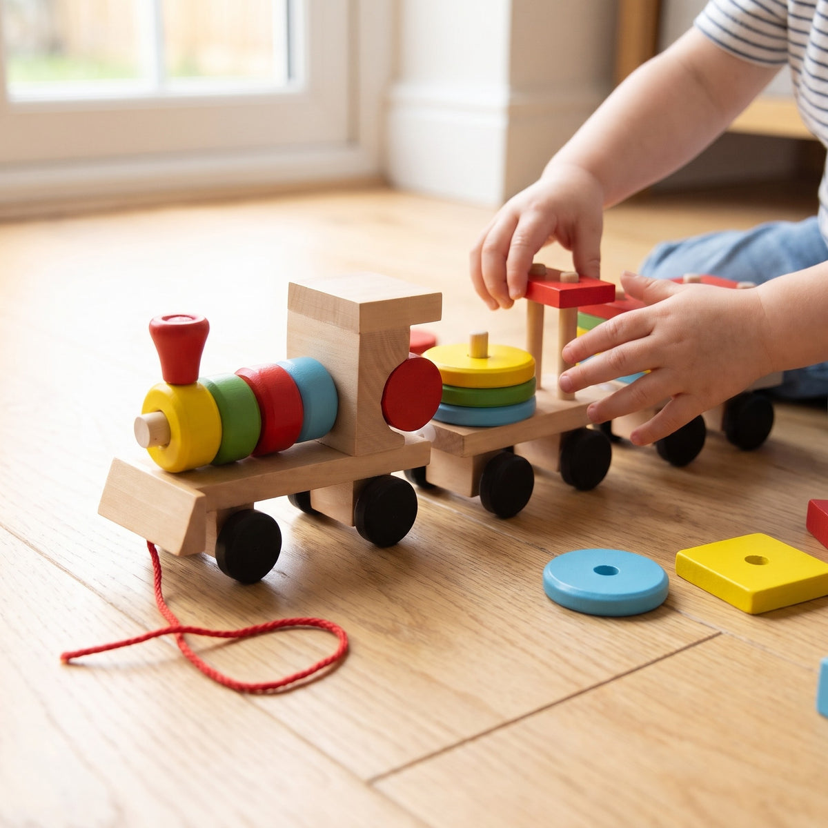 Child placing a coloured shape block onto the wooden train carriage