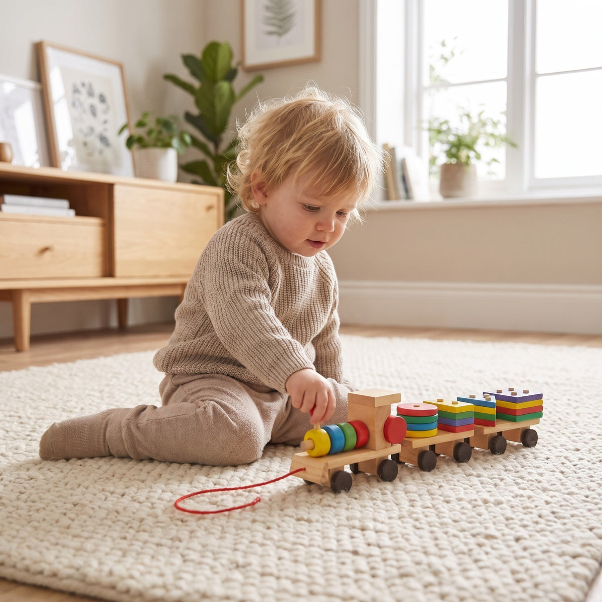Toddler pulling the wooden shape sorting train along a cream rug in a bright living room