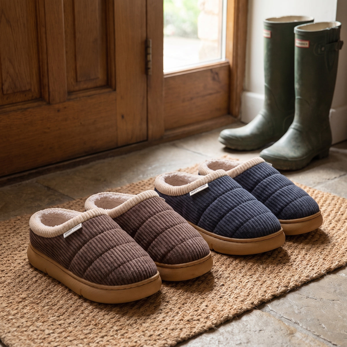 Brown and navy mule slippers side by side on a doormat