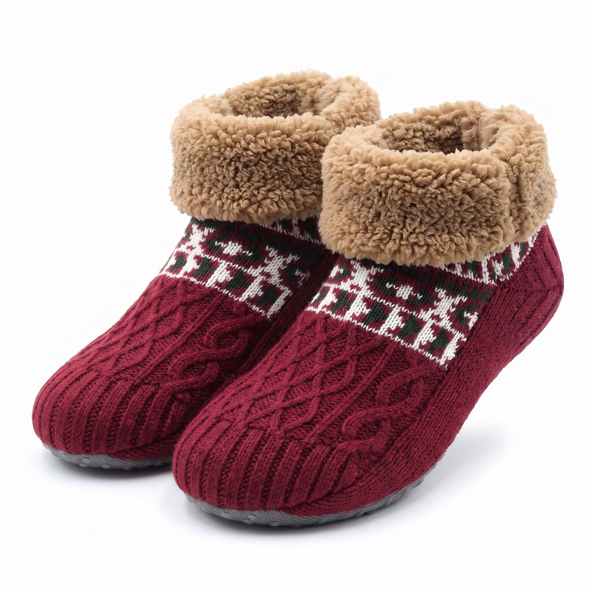 Burgundy Nordic knit slipper socks with teddy fleece cuff