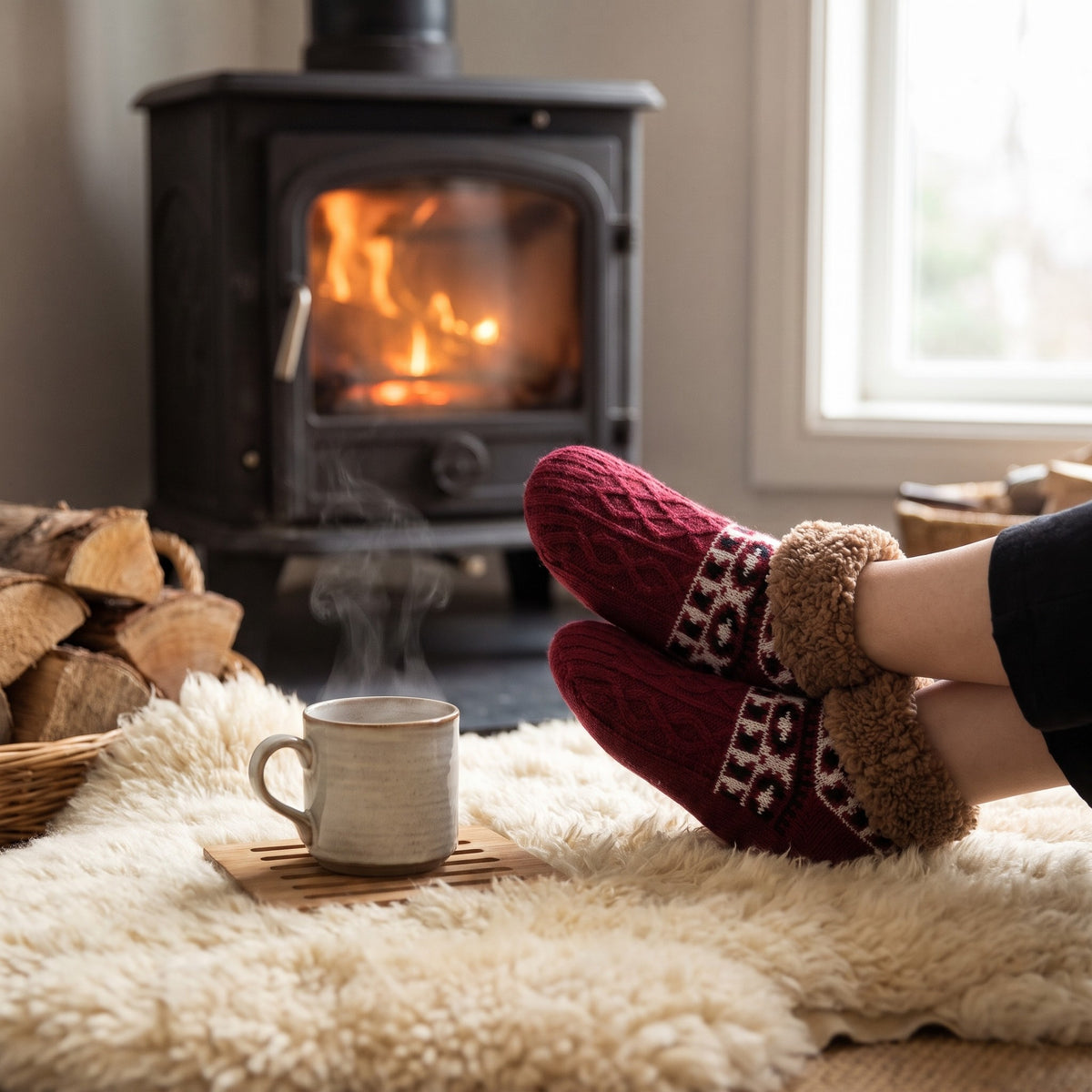 Feet in burgundy knitted slipper socks on a sheepskin rug by a wood stove