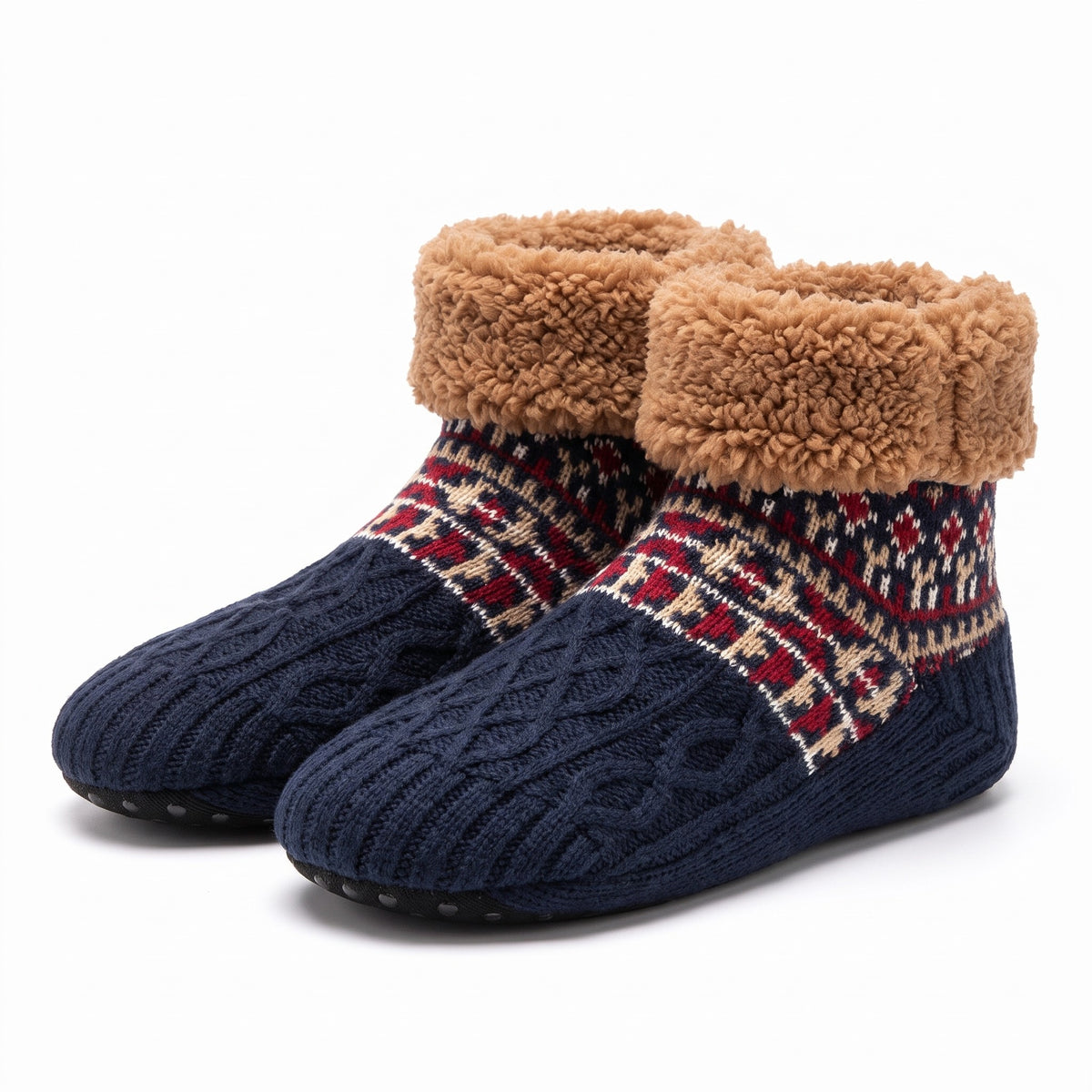 Navy Nordic knit slipper socks with teddy fleece cuff