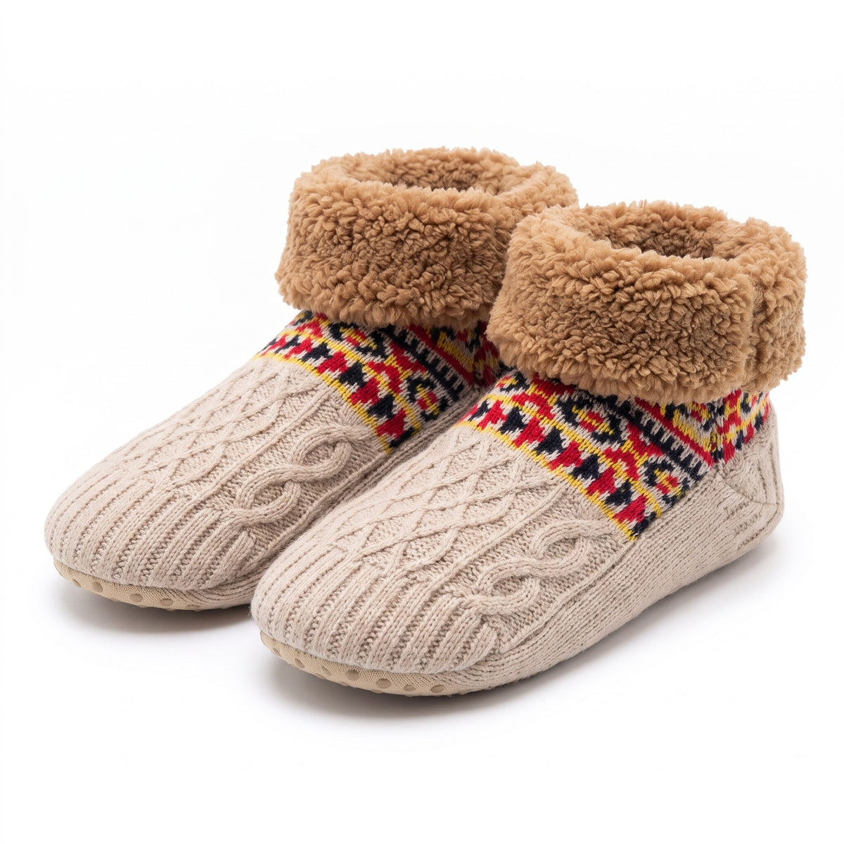 Oatmeal Nordic knit slipper socks with teddy fleece cuff