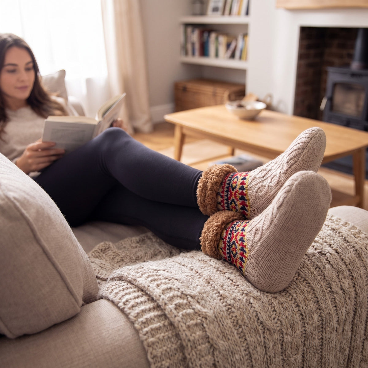 Woman reading on a sofa wearing oatmeal knitted slipper socks