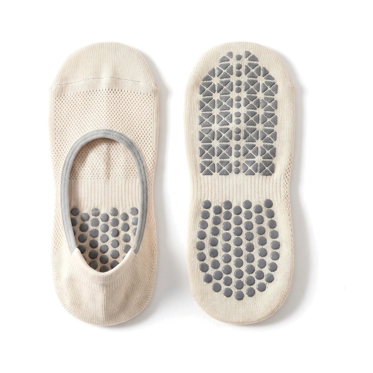 Cream pilates grip socks with open instep and non slip grip dot sole