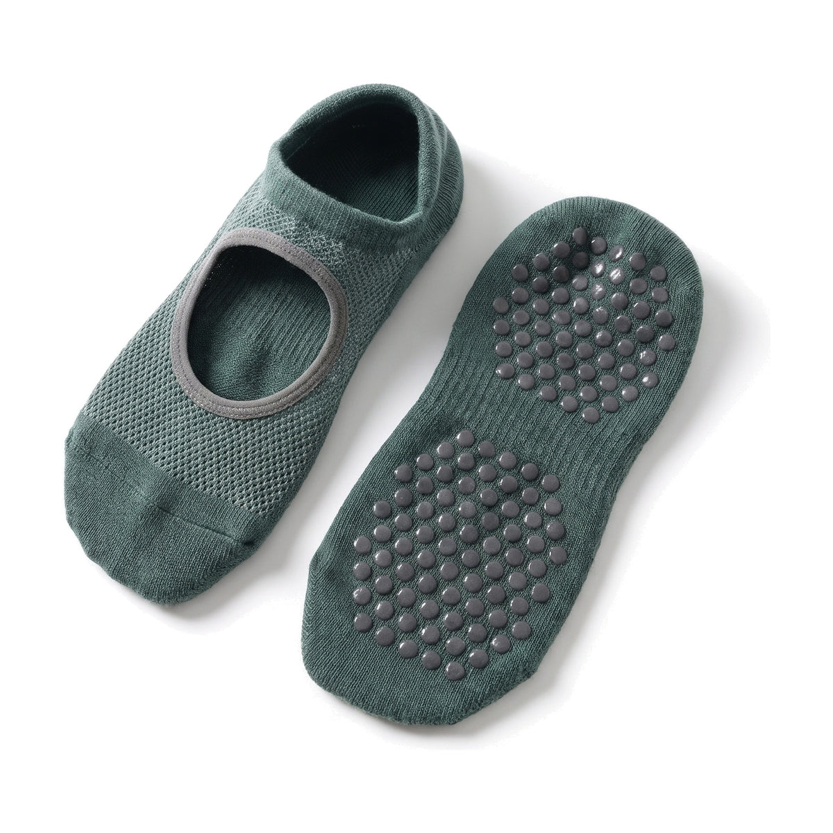 Forest green pilates grip socks with open instep and non slip grip dot sole