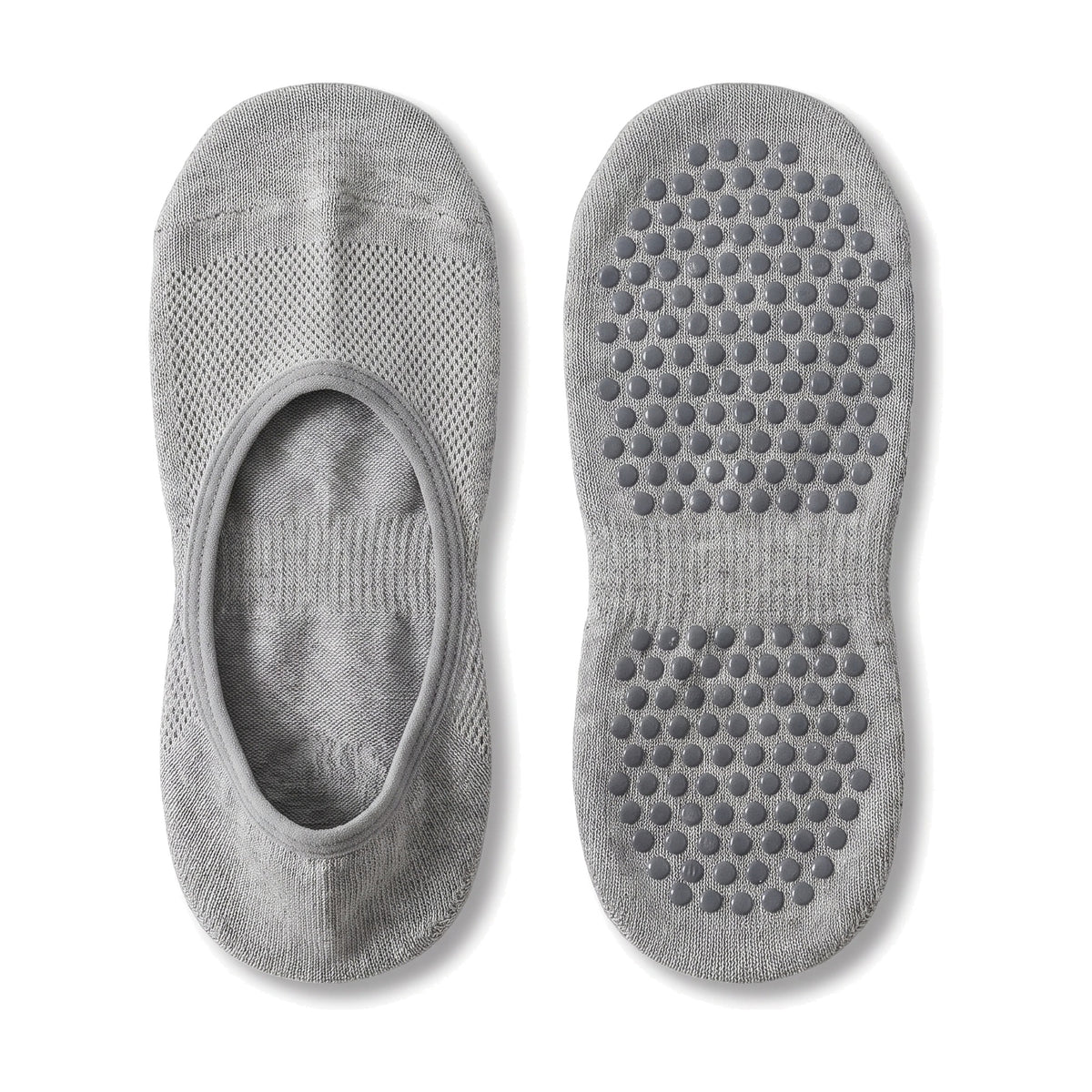 Grey pilates grip socks with open instep and non slip grip dot sole