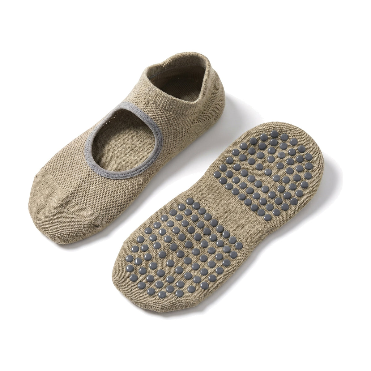Olive pilates grip socks with open instep and non slip grip dot sole