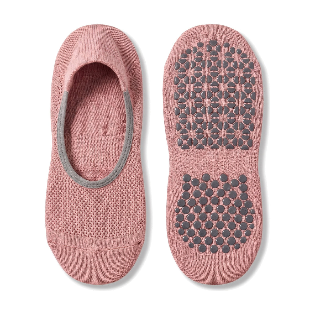 Dusty rose pilates grip socks with open instep and non slip grip dot sole