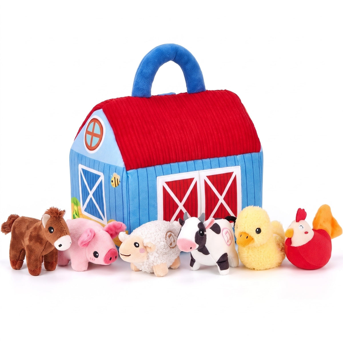 Closed blue plush barn with red roof beside a row of six soft farm animals