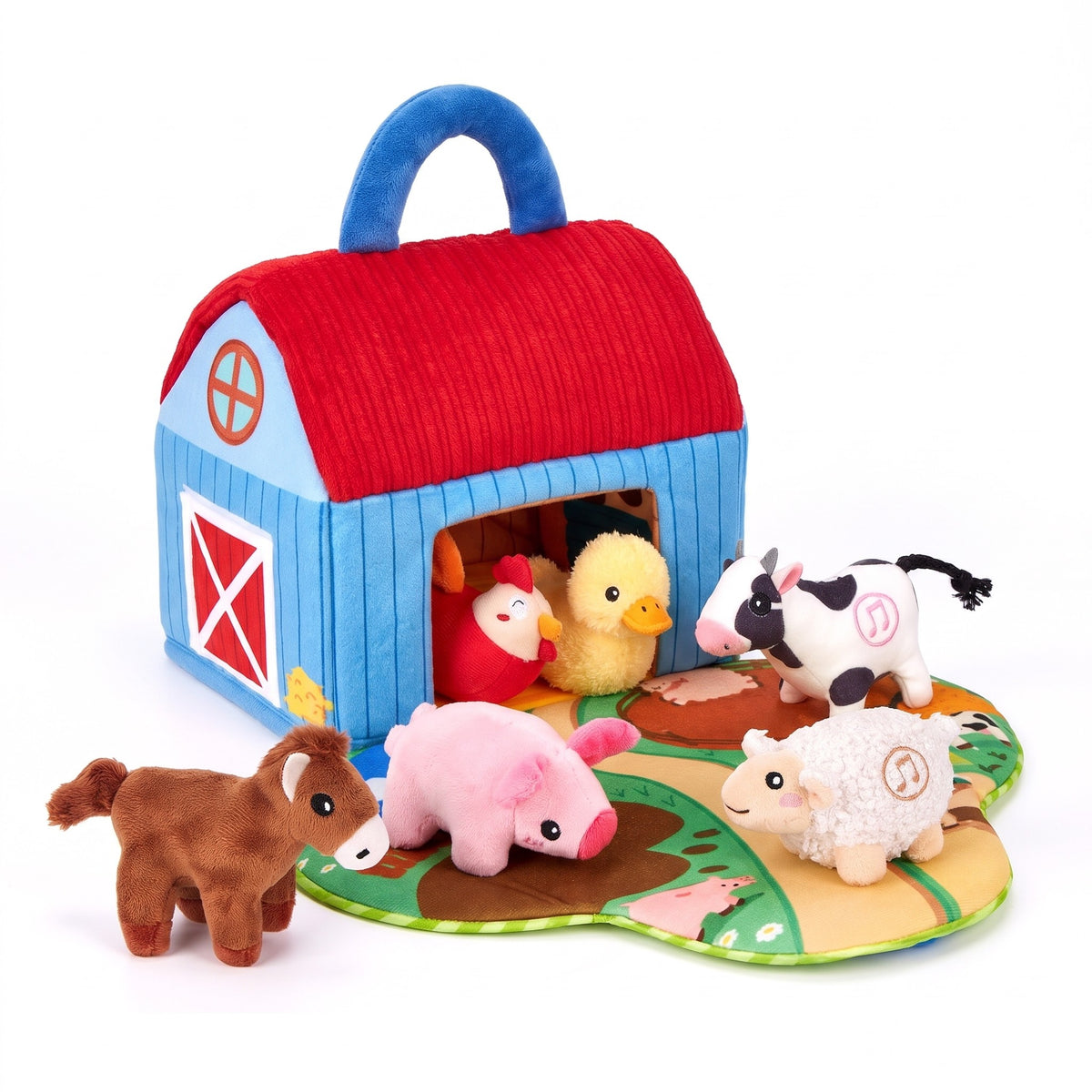 Plush farm barn playset with red roof, blue handle and six soft animals on a farm mat
