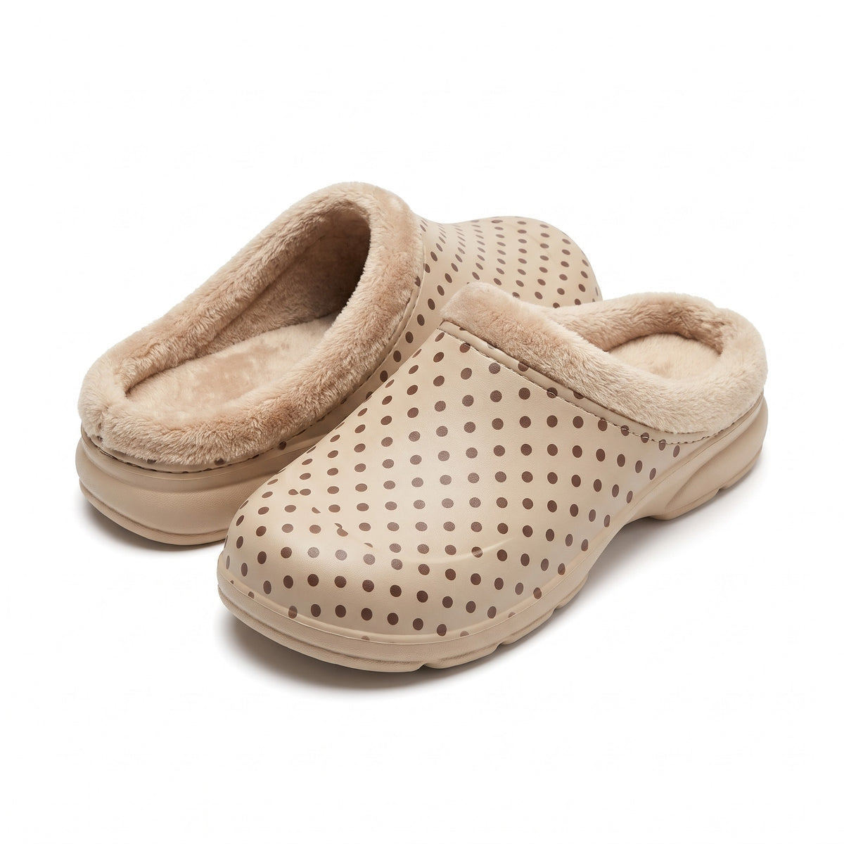 Beige polka dot clog slippers with fleece lining and arch support