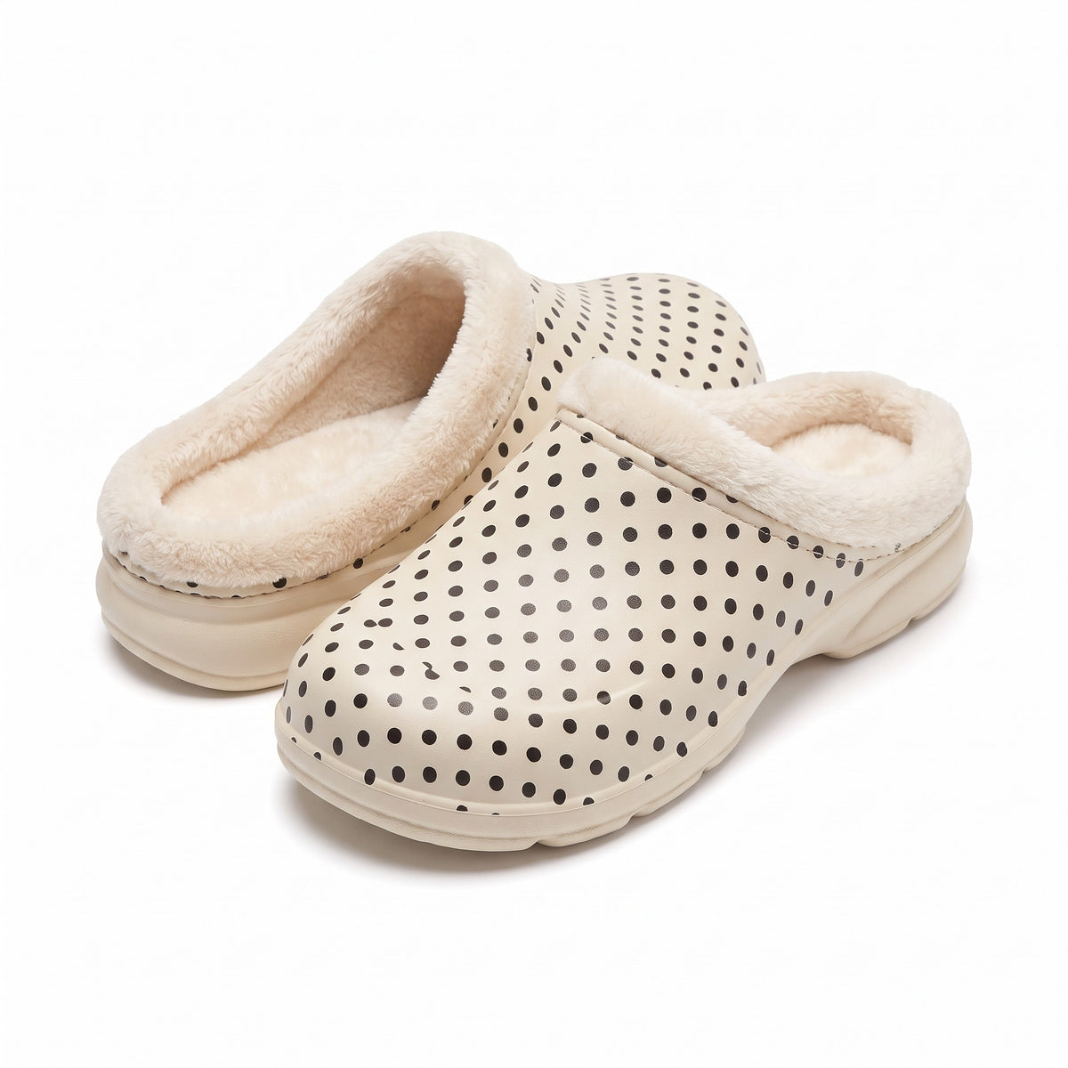 Cream polka dot clog slippers with fleece lining and arch support