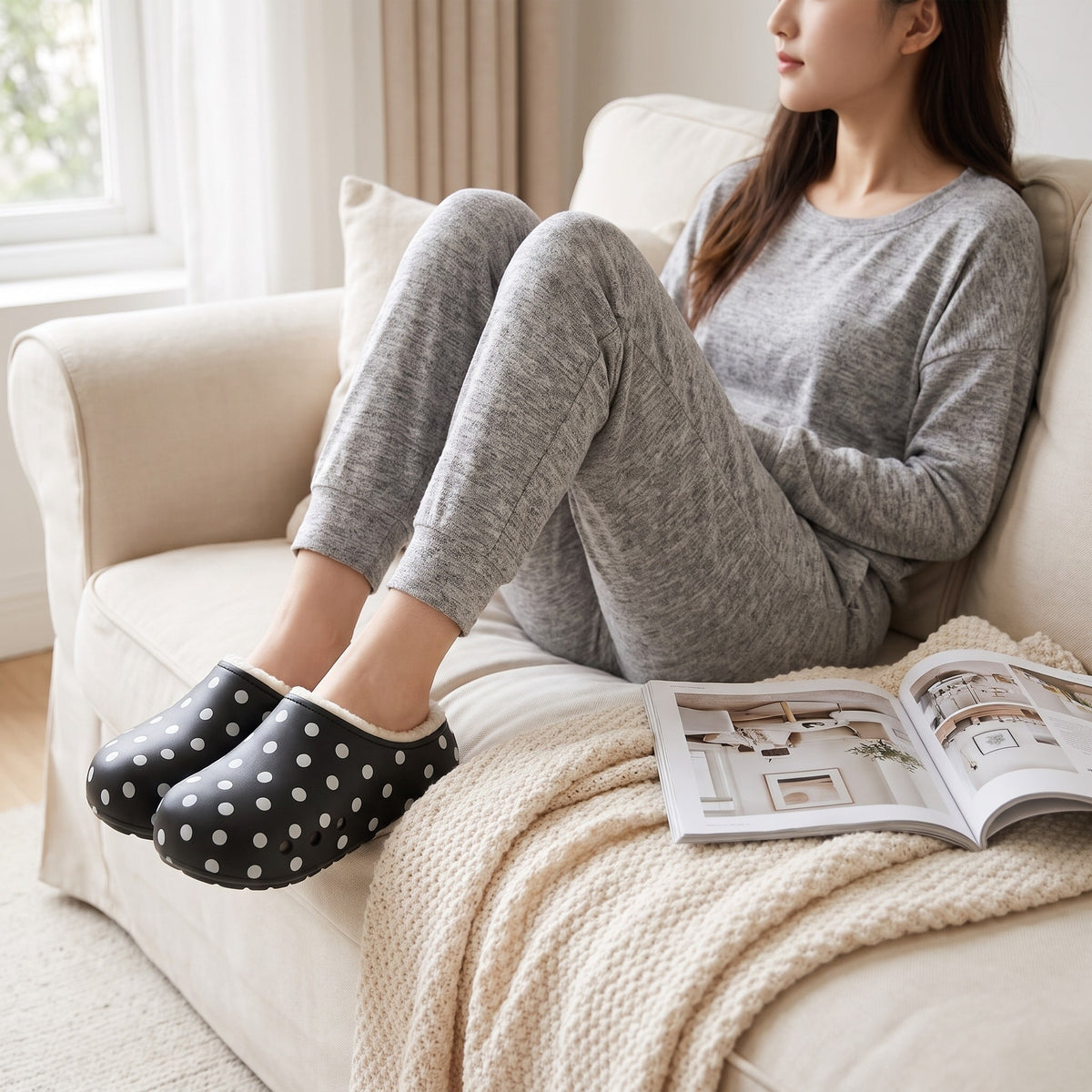 Woman on a sofa wearing black polka dot clog slippers
