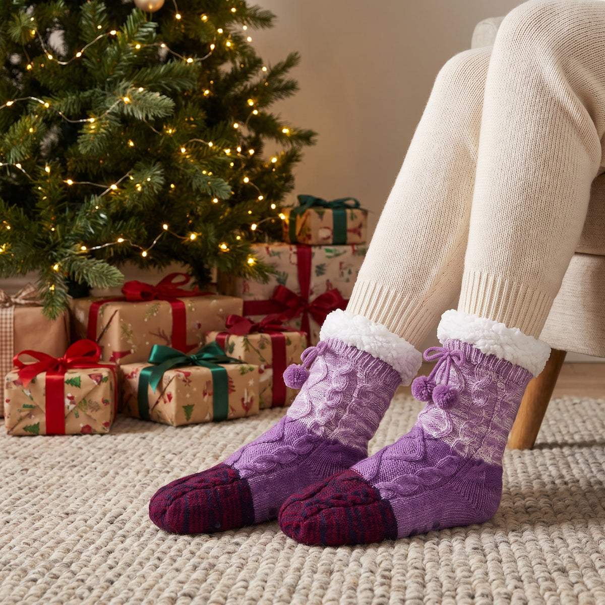 Purple pom pom slipper socks by a Christmas tree
