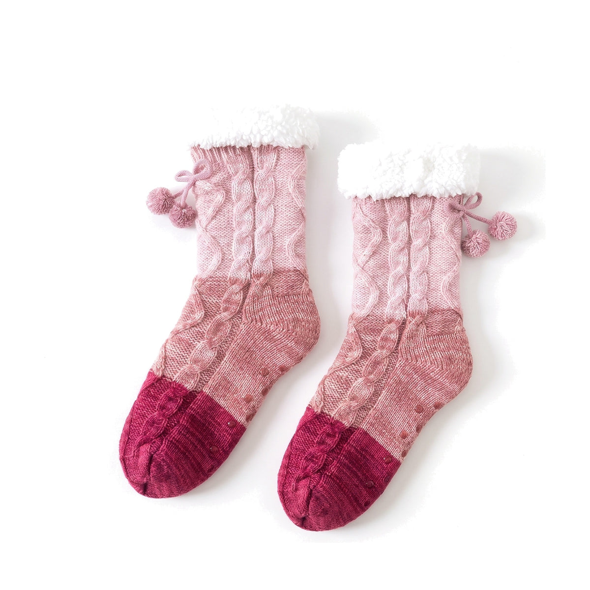 Pink cable knit slipper socks with sherpa cuff and pom pom tie