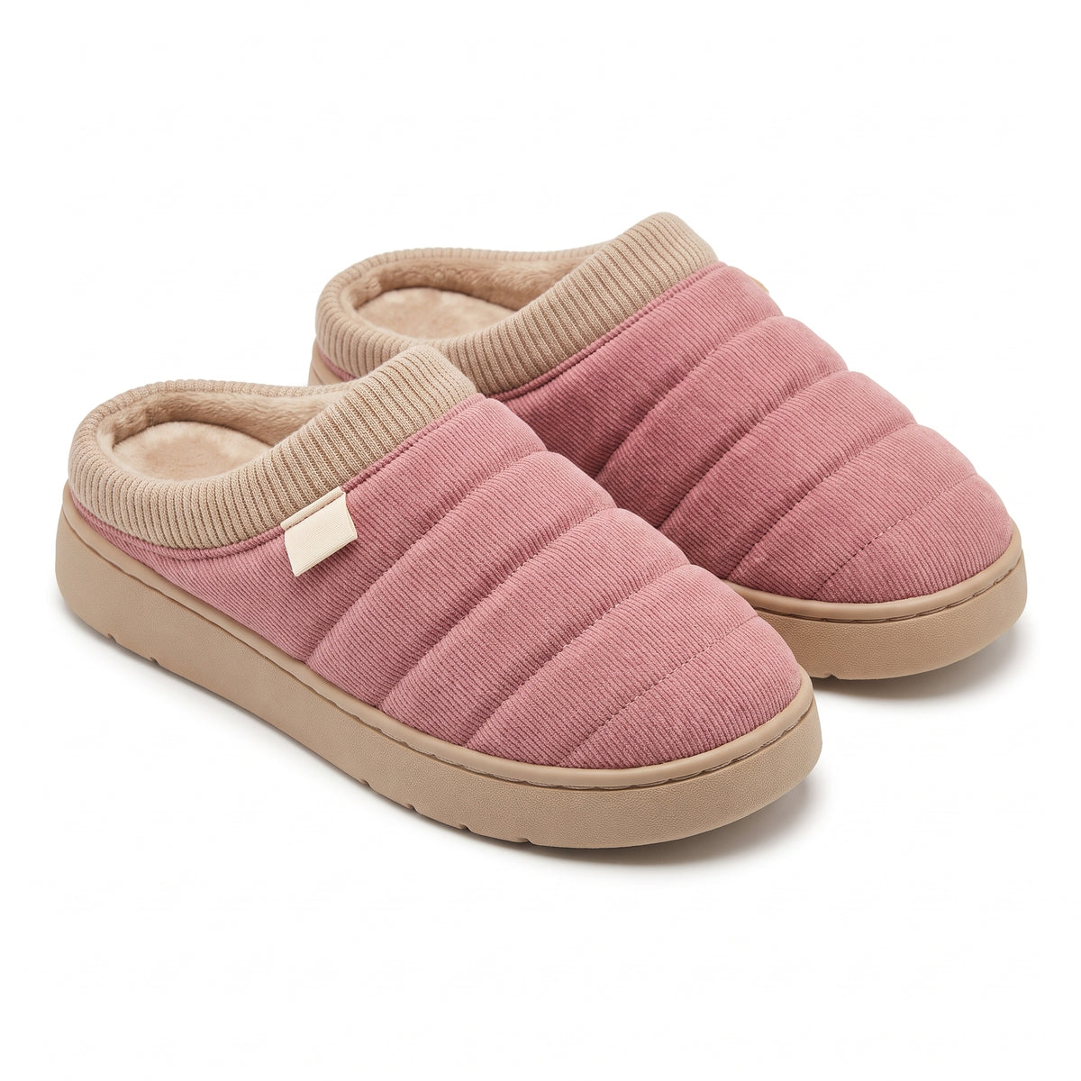 Quilted fleece lined mule slippers in dusky pink with ribbed collar